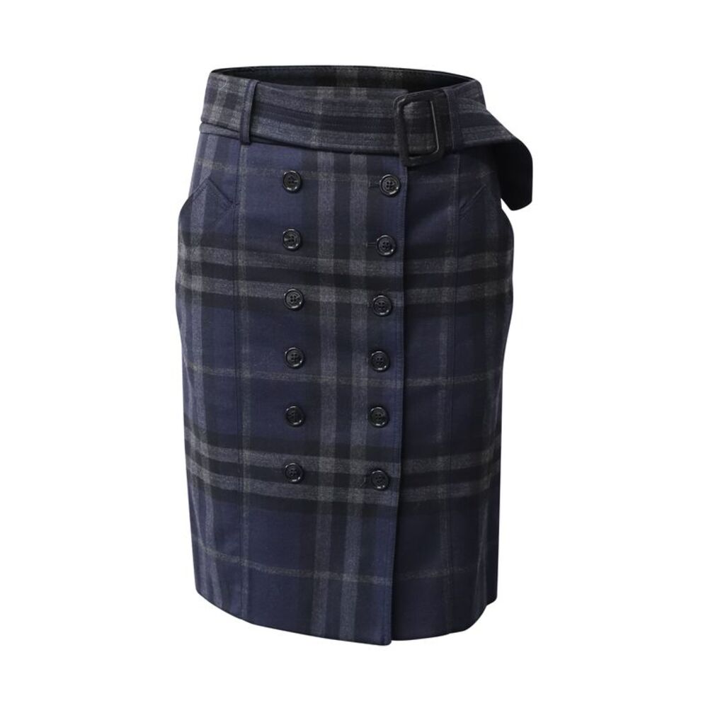 Burberry Tartan Wrap Style Midi Skirt in Navy Blue Wool